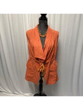 Hem Thread Vest Womens Medium Linen Cotton Orange Tie Waist Sleeveless Layering